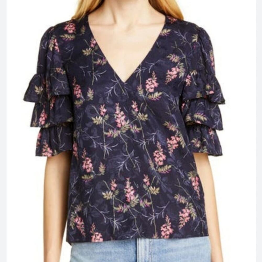 Rebecca Taylor Tiered Ruffle Sleeve Floral Silk Blend Blouse Navy Combo size 0